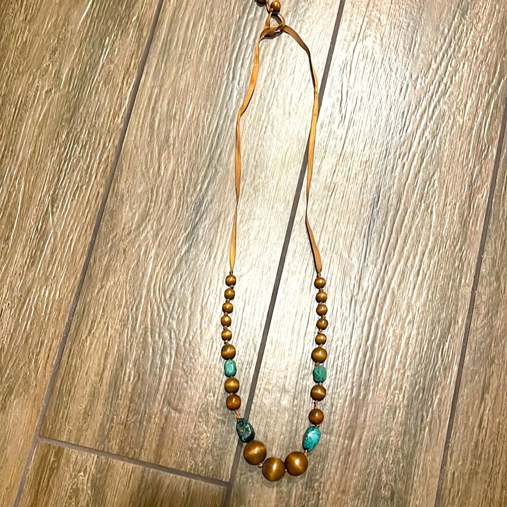 Long Adjustable Brown, Teal & Black Beaded Necklace